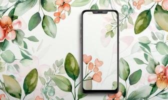 AI generated Smartphone mockup on watercolor floral patter photo