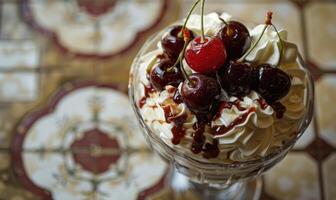 ai generado helado con frutas y nueces coronado con cerezas y azotado crema, de cerca vista, selectivo atención foto