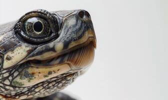 ai generado cerca arriba de el cabeza de un Tortuga en un blanco antecedentes. foto