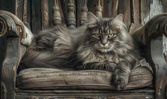 AI generated Maine Coon cat perched gracefully on a vintage wooden chair photo