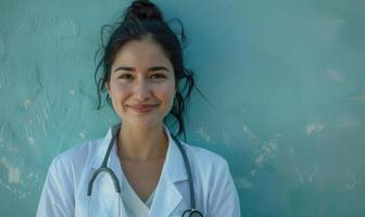 AI generated Portrait of a smiling female doctor with stethoscope on blue background photo