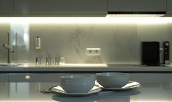 AI generated Closeup of clean plates on countertop in modern kitchen at home photo