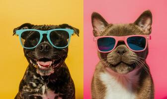 AI generated two french bulldog wearing sunglasses on gradient background in neon light. photo
