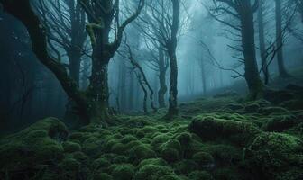 AI generated Mysterious dark forest with mossy trees and fog in the background photo