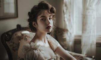 AI generated Portrait of a beautiful girl in the interior of the house. Vintage style portrait photo