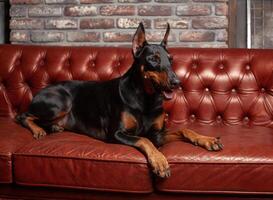 Doberman Pinscher. Dog on a brown background. Dog lies on the leather sofa. photo