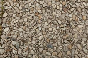Pebble stone floor tile seamless background. Cement mixed gravel pebble stone floor texture. Wet round pebble stone rock floor in dramatic lighting. photo
