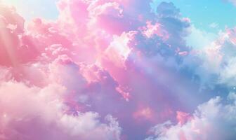 AI generated Pink cumulus cloud on bright blue background with sun rays photo