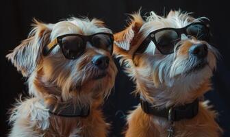 AI generated Two cute dogs wearing sunglasses on dark background, studio shot. photo