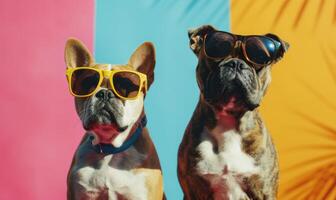 AI generated two dogs in sunglasses on a colored background. close-up. photo