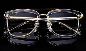 AI generated Glasses on black background, close-up. photo