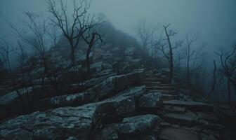 ai generado brumoso montaña paisaje con rocas y arboles en el neblina. foto