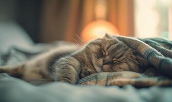 AI generated Cute scottish fold cat sleeping on bed at home. Pet care photo