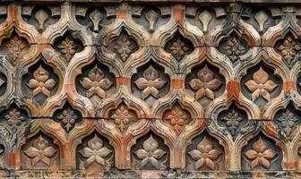 ai generado fragmento de el fachada de un antiguo ladrillo edificio con un decorativo ornamento. foto