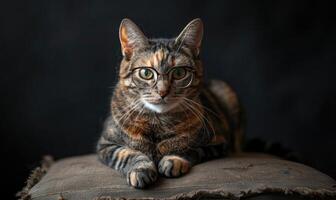 ai generado retrato de un a rayas gato con lentes en un oscuro antecedentes. foto