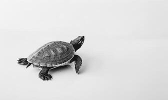 ai generado Tortuga en un blanco fondo, espacio para texto, monocromo imagen, minimalismo concepto. foto