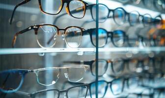 AI generated Glasses on display in a shop window. Selective focus. photo