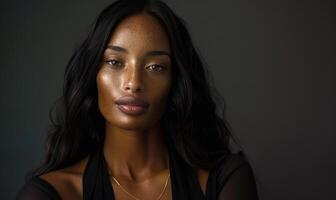 ai generado retrato de un hermosa africano americano mujer con Rizado pelo y maquillaje foto