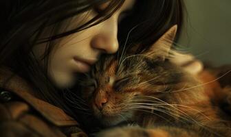 AI generated Beautiful young woman sleeping with her cat. Close-up. photo