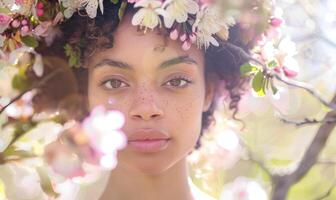 AI generated young woman in a spring flowers wreath, surrounded by floating petals or blossoms. photo