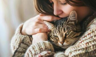 AI generated Beautiful young woman in warm knitted sweater hugging cat at home photo