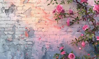 AI generated Pink and white roses on blue brick wall background with copy space. photo