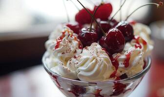 AI generated Sundae topped with cherries and whipped cream, closeup view, selective focus photo