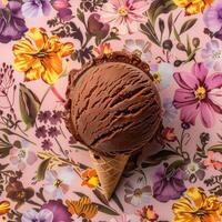 AI generated Chocolate ice cream scoop on a watercolor floral pattern background photo