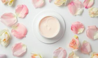 AI generated Blank creme jar mockup encircled by pastel flower petals on a white background, top view photo