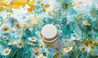 AI generated Cosmetic jar blank mockup placed on a serene watercolor chamomile background photo