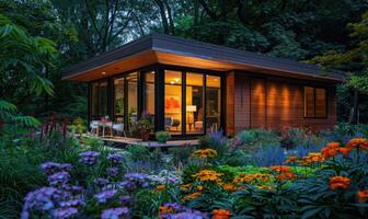 AI generated Twilight casting a warm glow on the exterior of a modern wooden cabin amidst the vibrant colors of a spring garden bursting with flowers and foliage photo