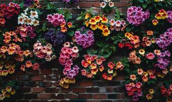 AI generated Colorful flowers in the garden with brick wall background, stock photo