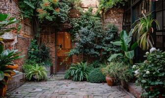 ai generado de madera puerta en el patio de un casa con plantas y flores foto