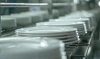 AI generated Close up of clean white plates in a row in a food factory photo