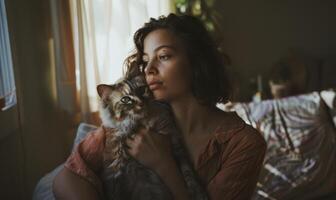 ai generado hermosa joven mujer con un gato a hogar en el Mañana. foto