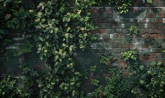 AI generated Green ivy on the brick wall, vintage style, nature background photo