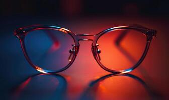 AI generated eyeglasses on the table in the red and blue light photo