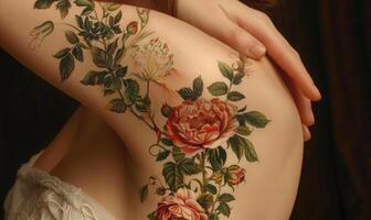 ai generado cerca arriba ver de hermosa mujer cuerpo con floral tatuaje en su brazo foto