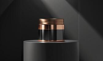 AI generated Mockup of golden cylinder on black background. Luxury podium for product presentation. photo