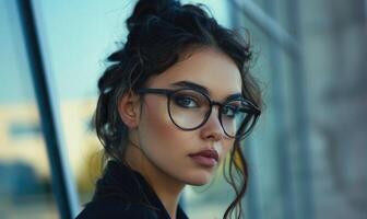 ai generado retrato de un hermosa joven morena mujer con lentes en el ciudad foto