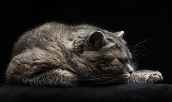 ai generado retrato de escocés doblez gato mirando a cámara en negro antecedentes foto