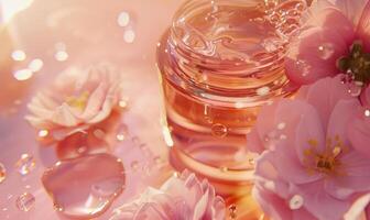 AI generated Cherry blossoms and natural cosmetic in glass jar on water surface photo