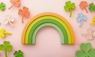 AI generated Rainbow with flowers and leaves on dark background. Space for text. St. Patricks Day background. photo
