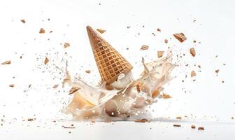 AI generated Ice cream cone explosion on white background photo