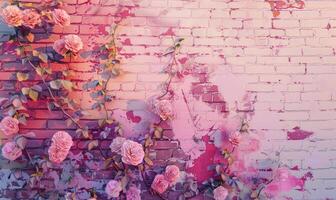 AI generated Pink roses on old white brick wall background with grunge texture. Copy space for text. photo