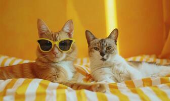 AI generated Two cats in yellow sunglasses lying on the bed with yellow background. photo