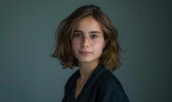 ai generado retrato de un joven hermosa mujer en lentes en un gris antecedentes. foto