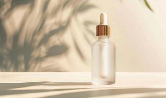 AI generated Frosted glass bottle mockup showcasing a luxurious hydrating facial serum with a sleek modern design photo