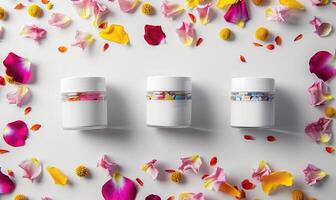 AI generated Three creme jar blank mockups nestled amidst delicate flower petals on a white background photo