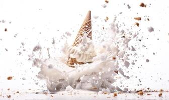 AI generated Ice cream cone explosion on white background photo